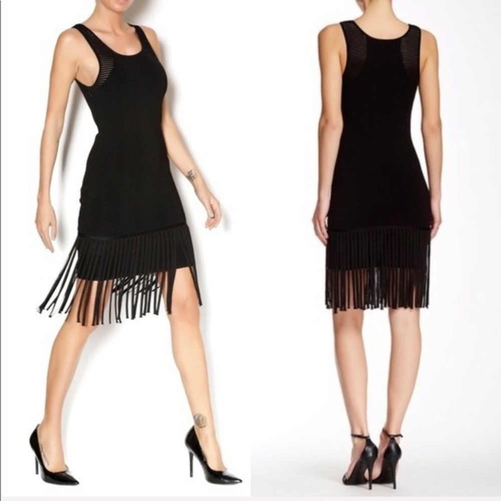 Shoshanna Womens‎ Fringe Hem Perforated Knit Sheath Dress Black Size Large NWT